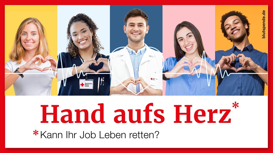 DRK_Heade_Hand_aufs_Herz DRK Hand auf Herz, kann ihr Job Leben retten? Blutspende, MFA MTA Arzthelfer Arzthelferin, Pflege, Krankenschwester, Krankenpfleger